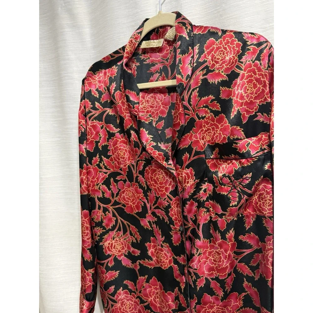 Vintage Gold Label Victoria Secret Button Down Red Floral Black Semisheer Sz M